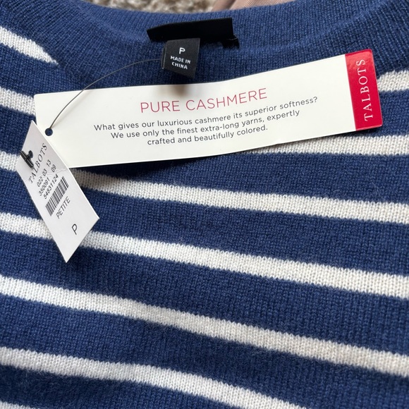 Nwt Talbots Navy Striped Sweater with Colorful Cuffs 100 cashmere  marinier - Picture 6 of 8